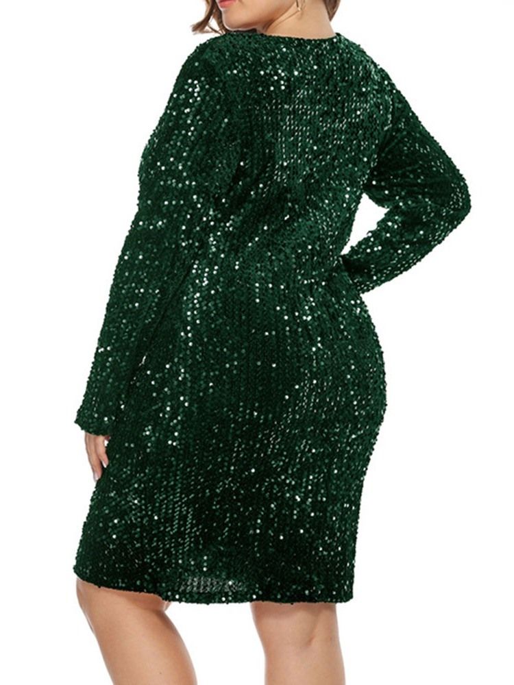 Plus Size Above Knee Långärmad Paljetter High Waist Bodycon Klänning