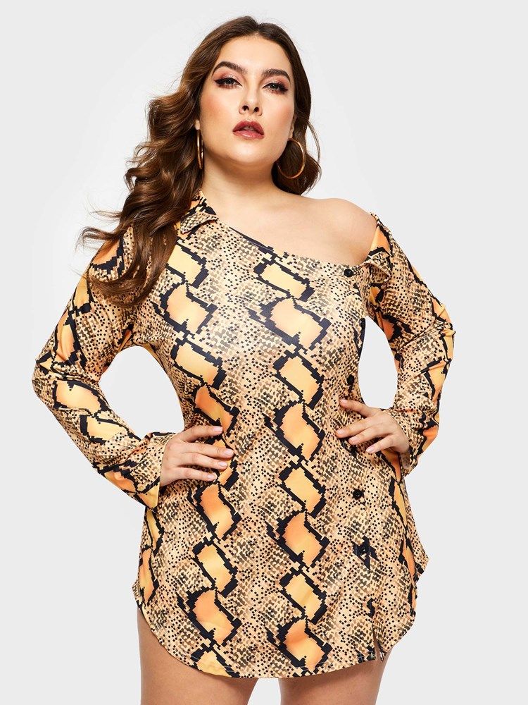 Plus Size Above Knee Långärmad Snedkrage Klänning