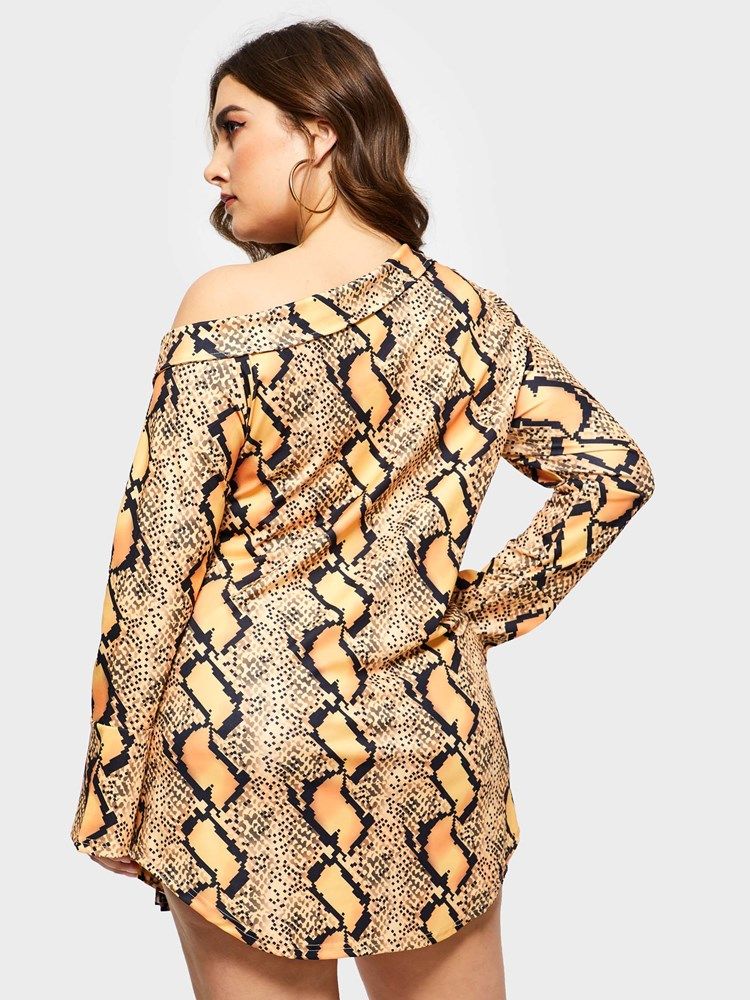 Plus Size Above Knee Långärmad Snedkrage Klänning