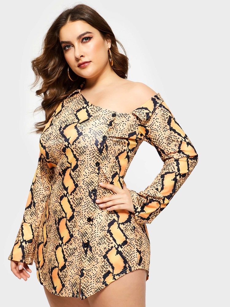 Plus Size Above Knee Långärmad Snedkrage Klänning