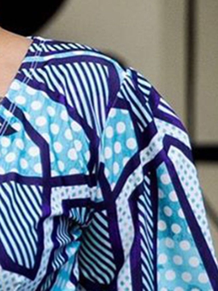 Plus Size Above Knee Print V-Hals Mode Lantern Sleeve Damklänning
