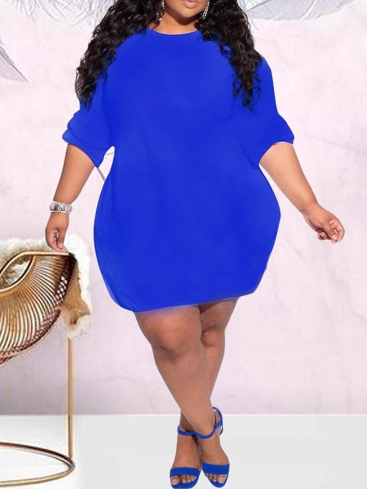 Plus Size Above Knee Rundhalsad Långärmad Vanlig Casual Klänning