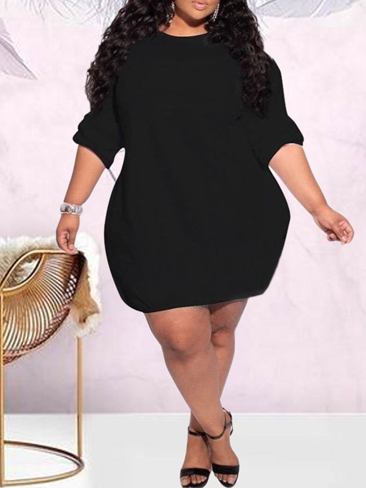 Plus Size Above Knee Rundhalsad Långärmad Vanlig Casual Klänning