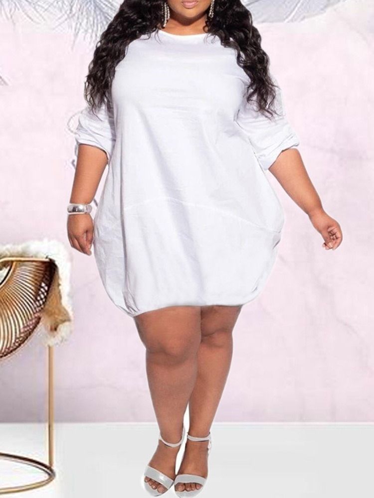 Plus Size Above Knee Rundhalsad Långärmad Vanlig Casual Klänning