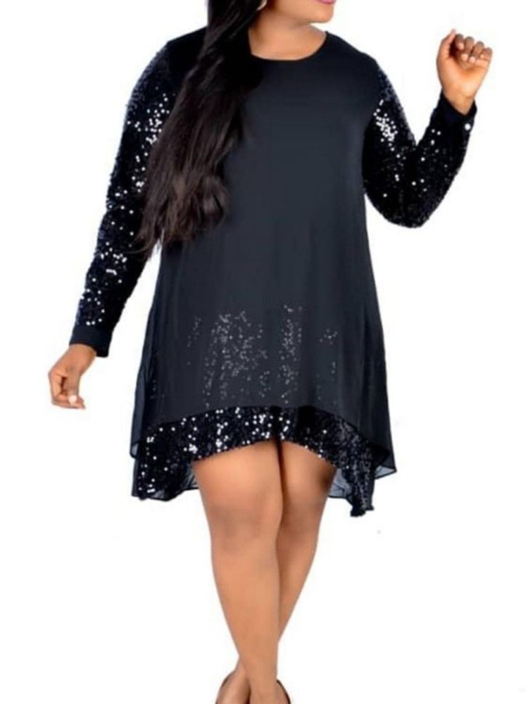 Plus Size Asymmetrisk Patchwork Paljetter Knälång Klänning