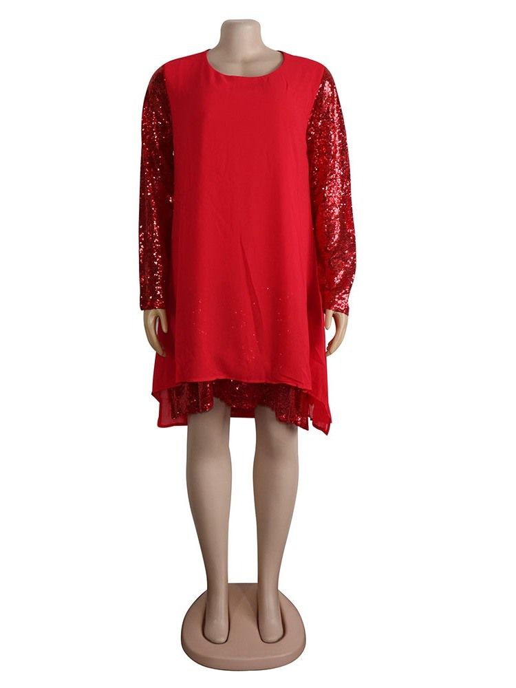 Plus Size Asymmetrisk Patchwork Paljetter Knälång Klänning