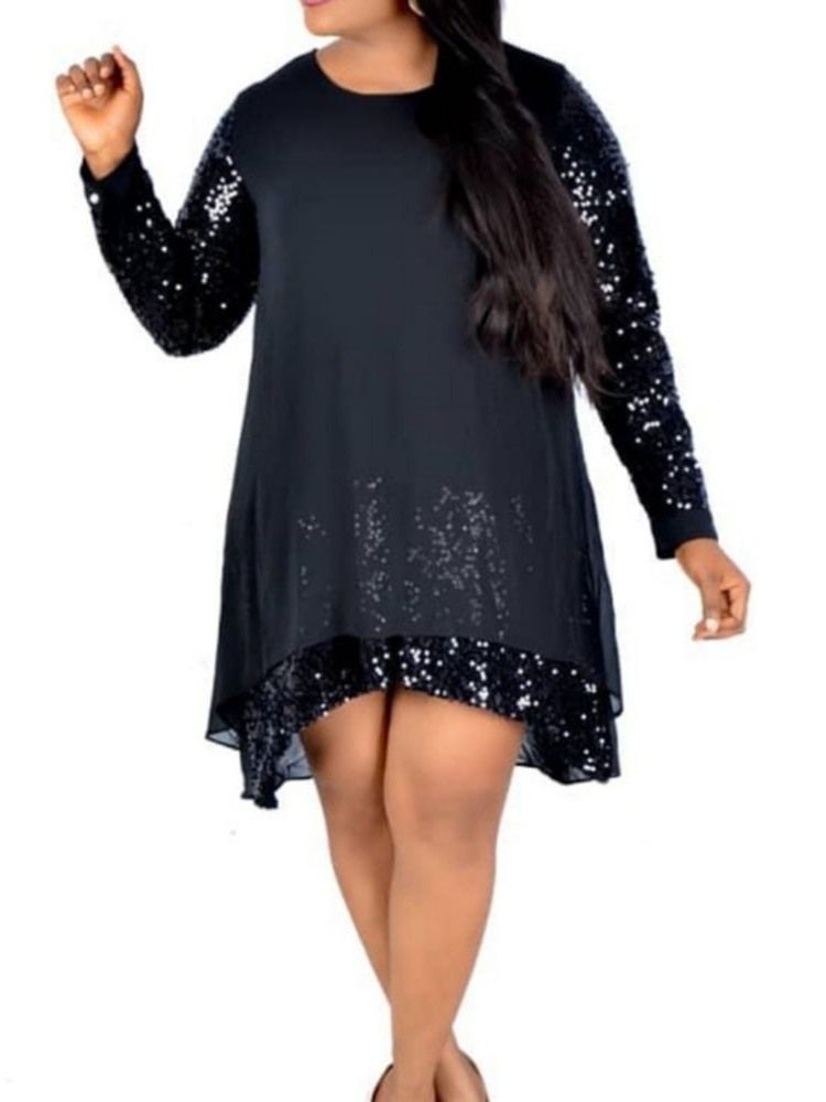 Plus Size Asymmetrisk Patchwork Paljetter Knälång Klänning