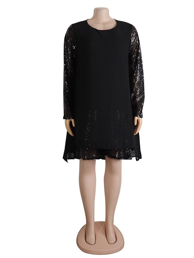 Plus Size Asymmetrisk Patchwork Paljetter Knälång Klänning