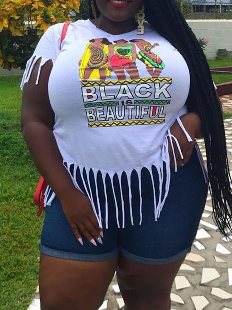 Plus Size Blommig Kortärmad Rund Hals Slimmad Casual T-Shirt