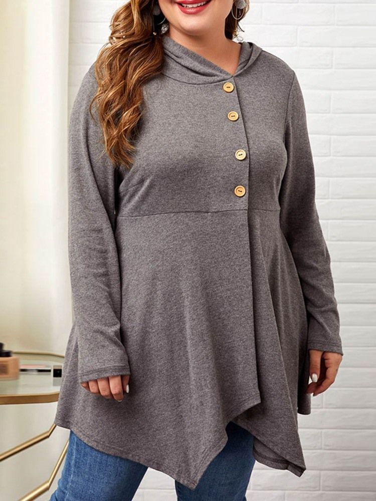 Plus Size Button Tunn Långärmad Hooded Damtröja