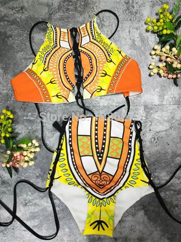 Plus Size Dashiki African Print Hollow High Waist 2-Pcs Bikini Suits