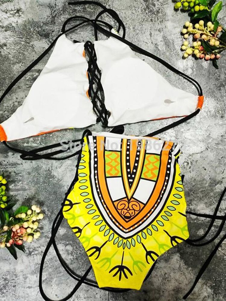 Plus Size Dashiki African Print Hollow High Waist 2-Pcs Bikini Suits
