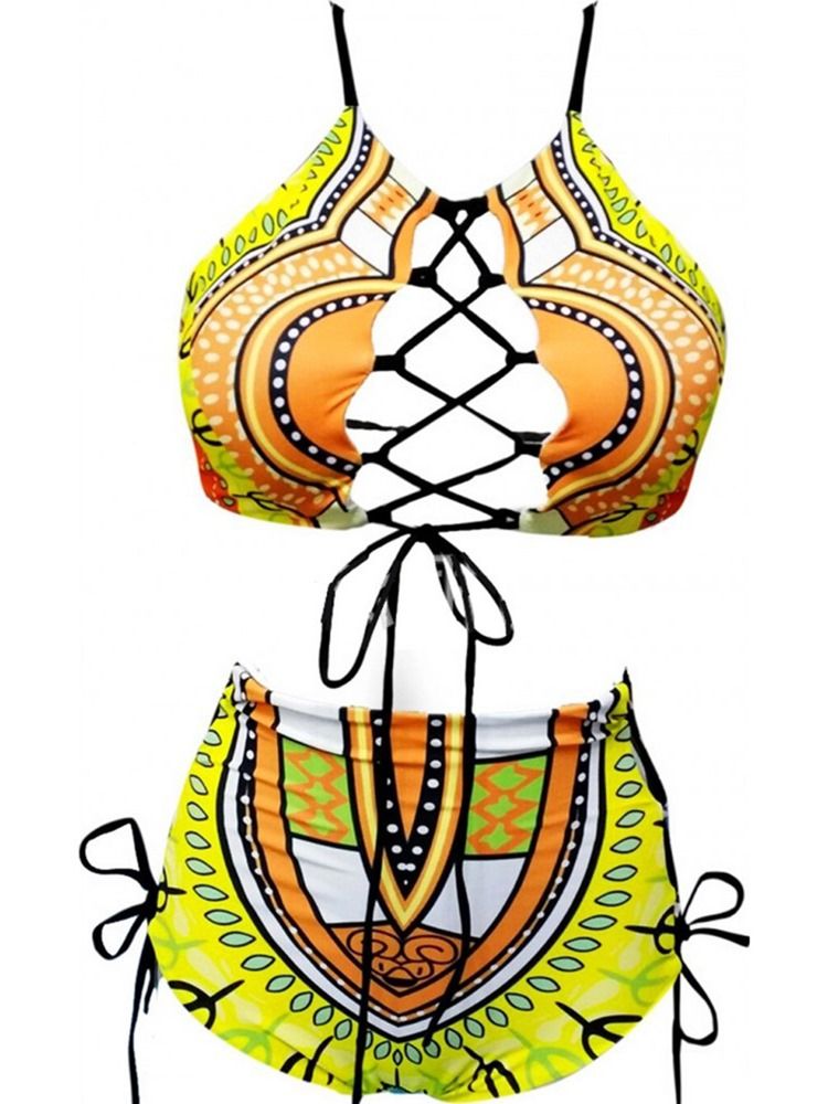Plus Size Dashiki African Print Hollow High Waist 2-Pcs Bikini Suits