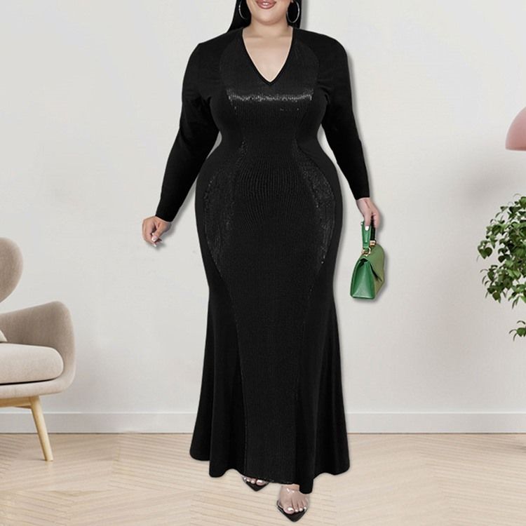 Plus Size Falbala Ankellång V-Ringad Fall Pullover Maxiklänning