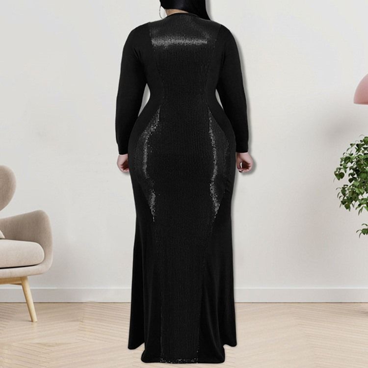 Plus Size Falbala Ankellång V-Ringad Fall Pullover Maxiklänning