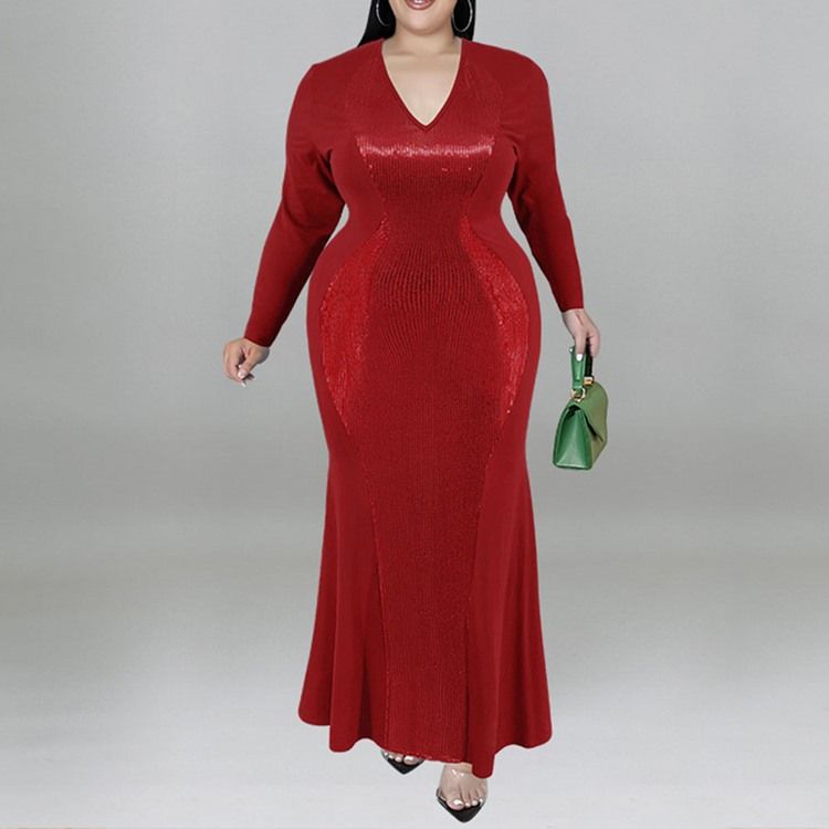 Plus Size Falbala Ankellång V-Ringad Fall Pullover Maxiklänning