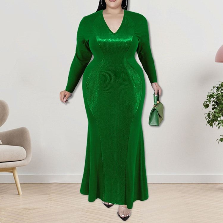 Plus Size Falbala Ankellång V-Ringad Fall Pullover Maxiklänning