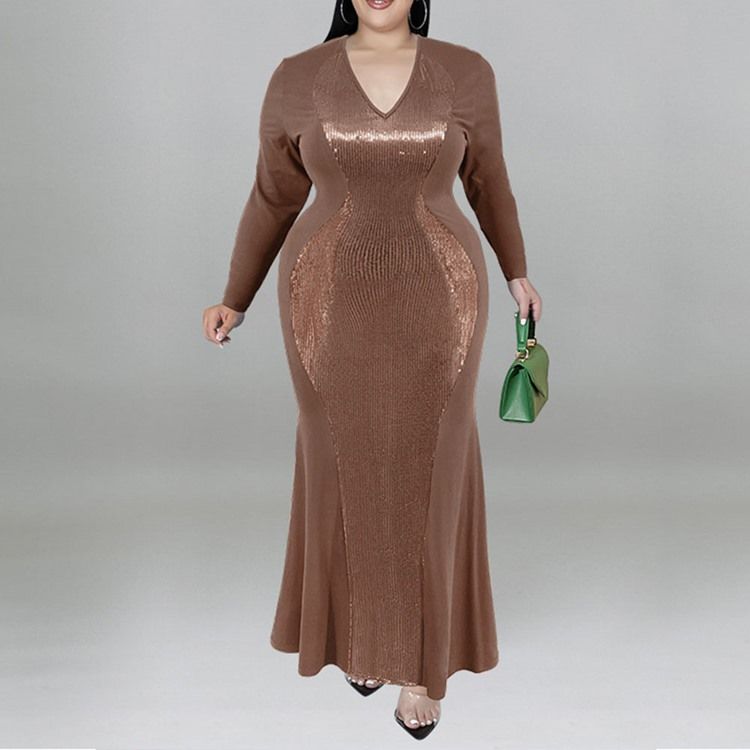 Plus Size Falbala Ankellång V-Ringad Fall Pullover Maxiklänning
