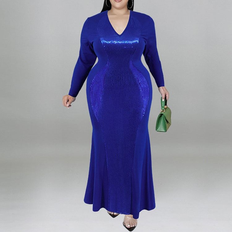 Plus Size Falbala Ankellång V-Ringad Fall Pullover Maxiklänning