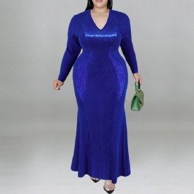 Plus Size Falbala Ankellång V-Ringad Fall Pullover Maxiklänning