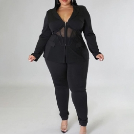 Plus Size Fashion Mesh Skjorta Pencil Byxor Lapel Tvådelade Set