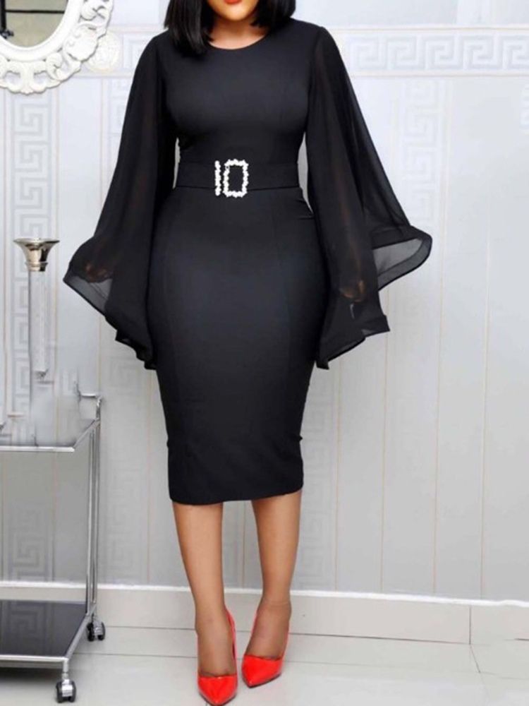 Plus Size Flare Sleeve Penna Rund Neck Mid-Calf Klänning