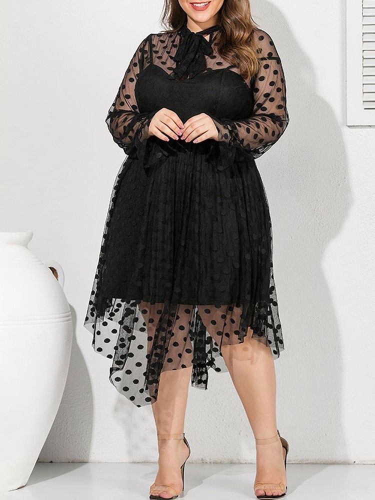 Plus Size Genomskinlig Asymmetrisk Rosettkrage Polka Dots Klänning