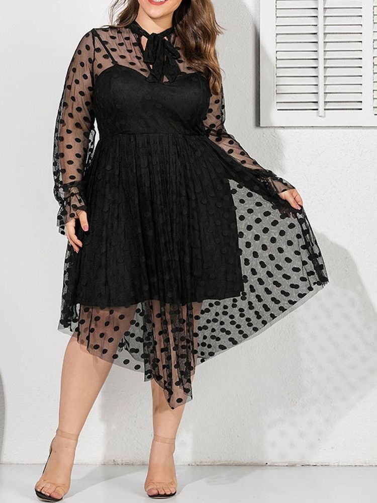 Plus Size Genomskinlig Asymmetrisk Rosettkrage Polka Dots Klänning