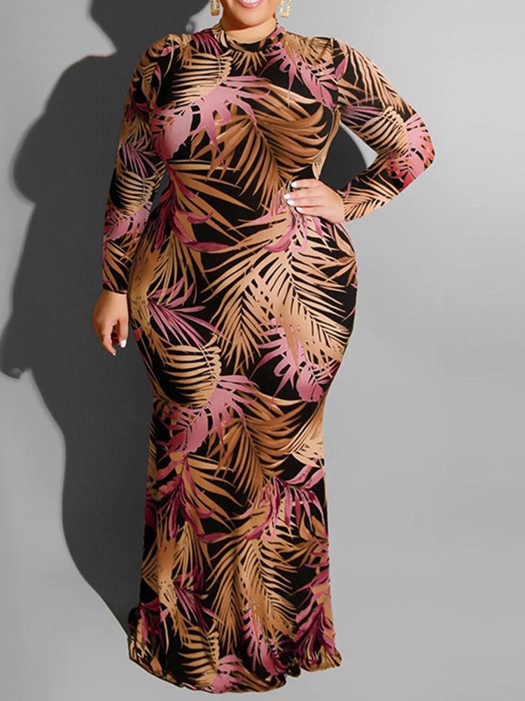 Plus Size Golvlång Ihålig Långärmad Bodycon Vanlig Klänning