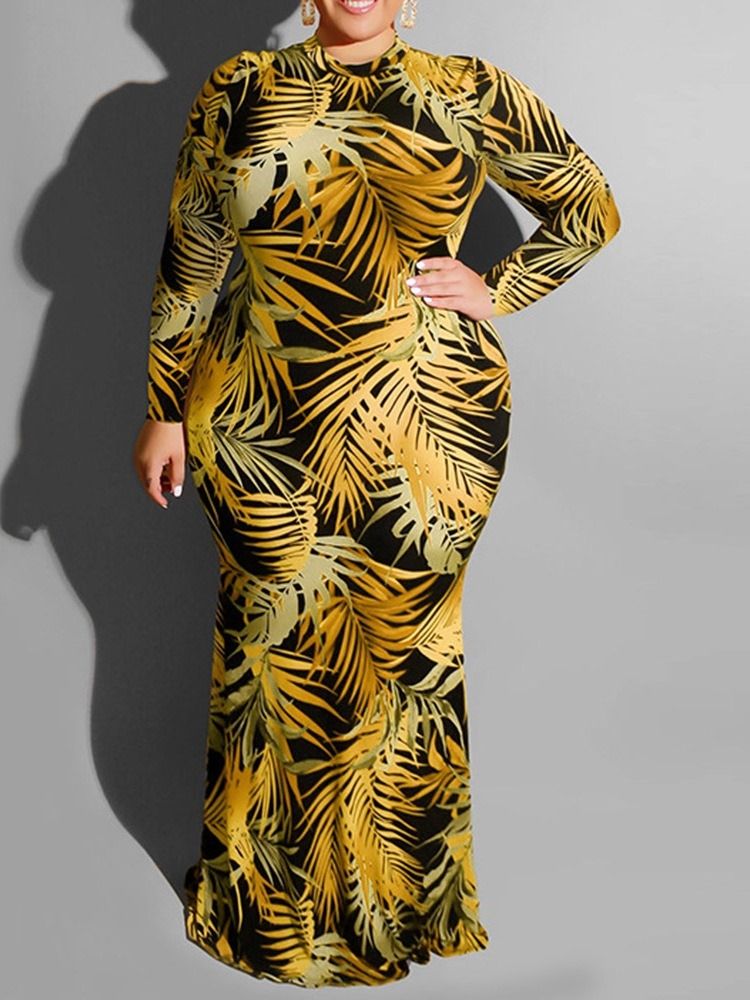 Plus Size Golvlång Ihålig Långärmad Bodycon Vanlig Klänning