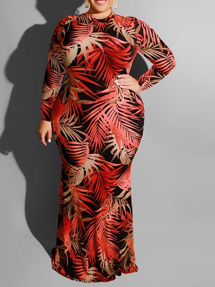Plus Size Golvlång Ihålig Långärmad Bodycon Vanlig Klänning