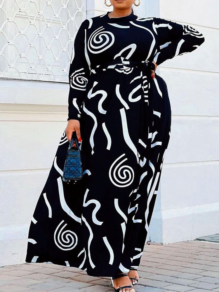 Plus Size Golvlång Långärmad Geometrisk Västerländsk Klänning Med Snörning
