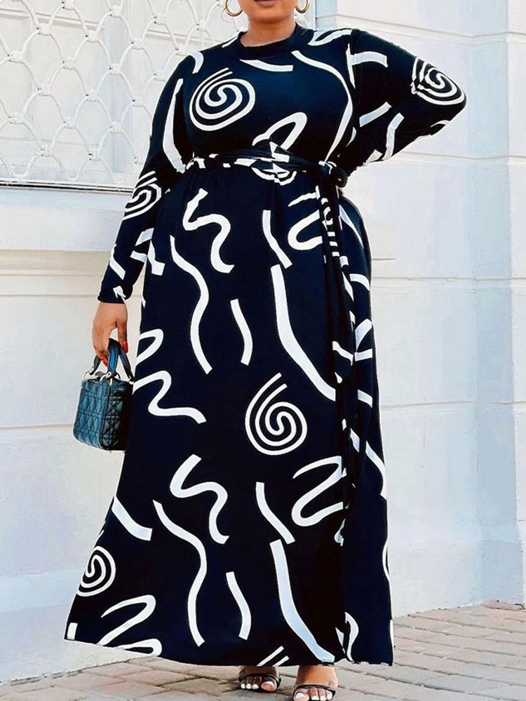Plus Size Golvlång Långärmad Geometrisk Västerländsk Klänning Med Snörning