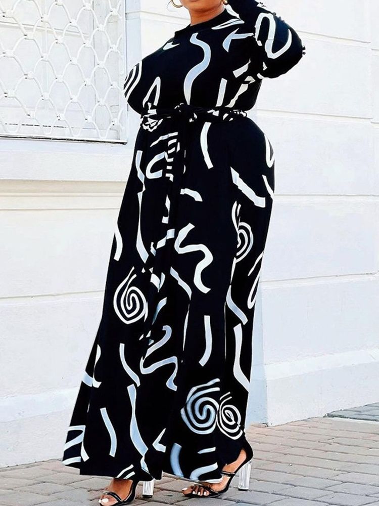 Plus Size Golvlång Långärmad Geometrisk Västerländsk Klänning Med Snörning