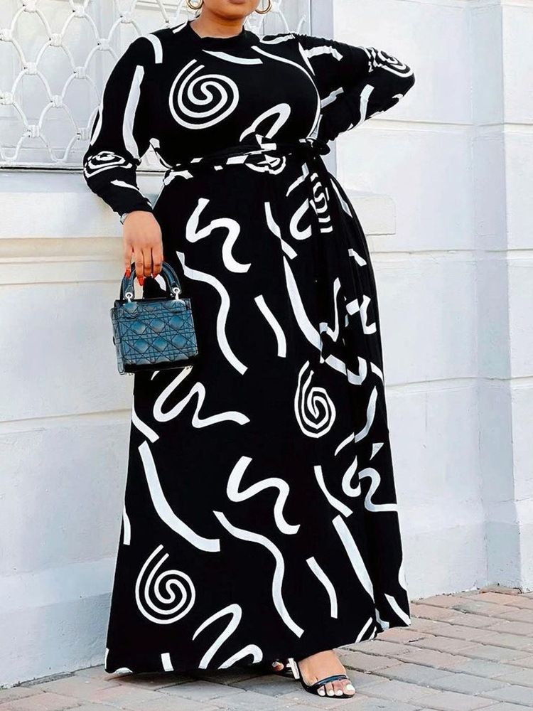 Plus Size Golvlång Långärmad Geometrisk Västerländsk Klänning Med Snörning