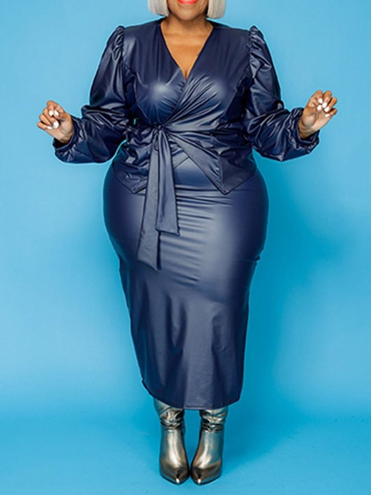 Plus Size Kjol Snörning Sexig V-Ringad Bodycon Dams Tvådelade Set