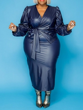 Plus Size Kjol Snörning Sexig V-Ringad Bodycon Dams Tvådelade Set