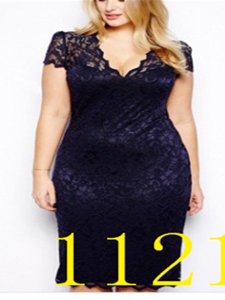 Plus Size Knälång V-Hals Spets Vanlig Pullover Klänning