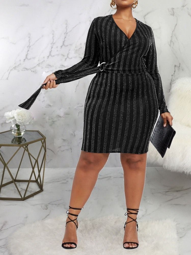 Plus Size Knälång V-Ringad Bodycon Pullover Klänning För Kvinnor