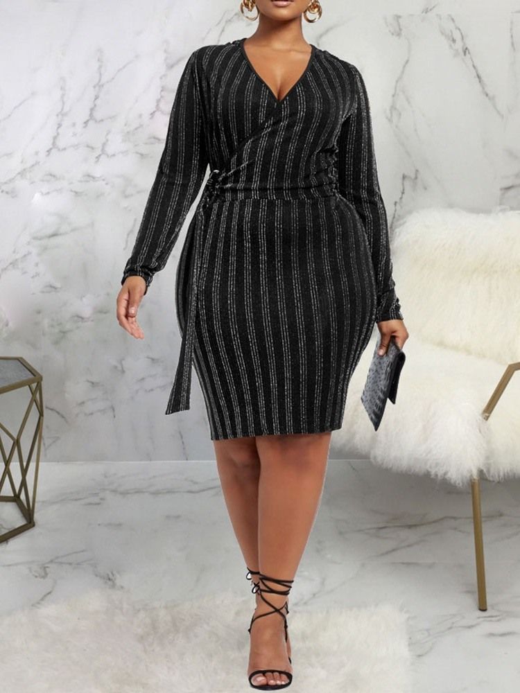 Plus Size Knälång V-Ringad Bodycon Pullover Klänning För Kvinnor
