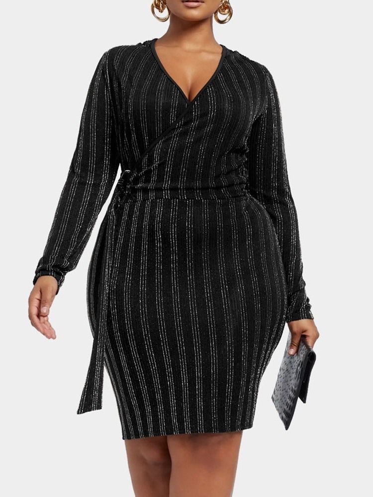 Plus Size Knälång V-Ringad Bodycon Pullover Klänning För Kvinnor