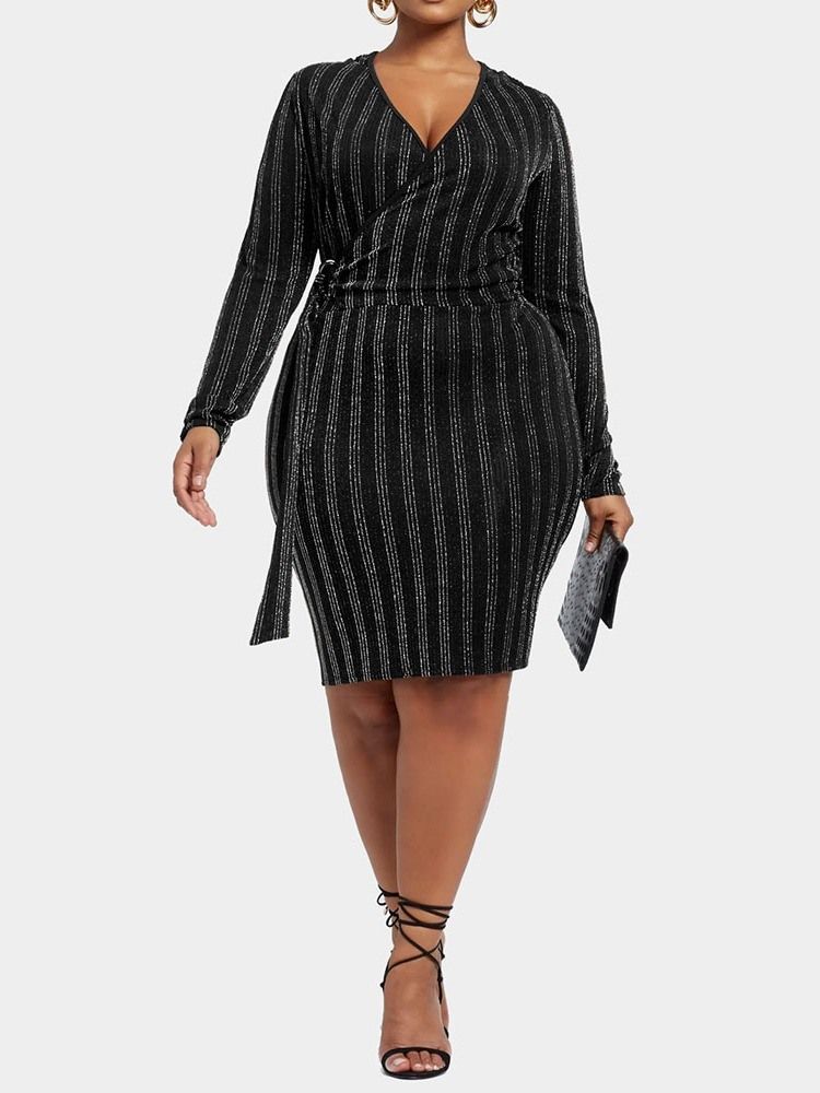Plus Size Knälång V-Ringad Bodycon Pullover Klänning För Kvinnor
