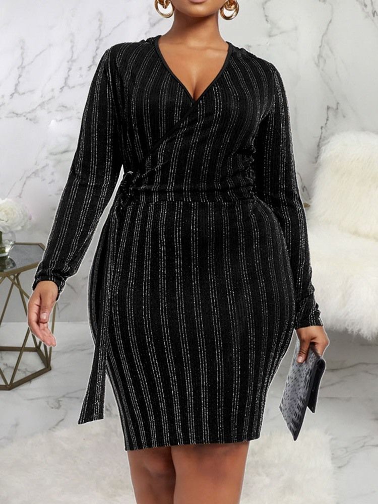Plus Size Knälång V-Ringad Bodycon Pullover Klänning För Kvinnor