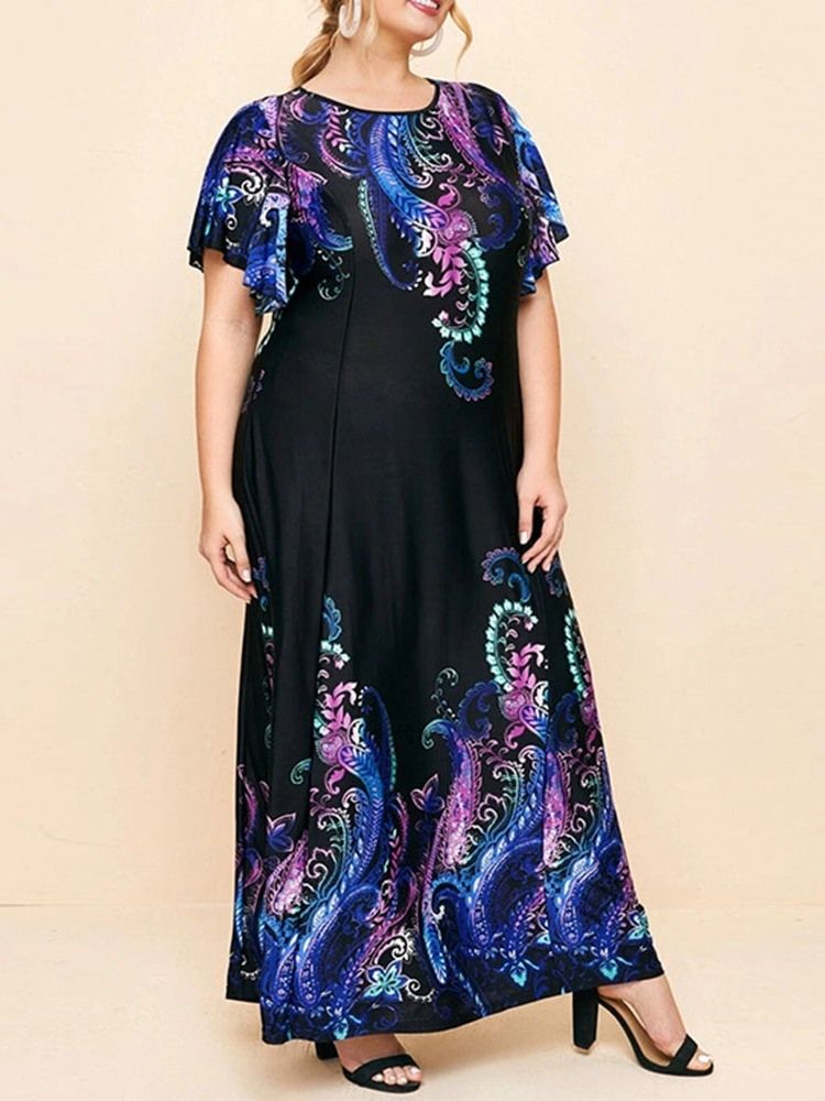 Plus Size Kortärmad Rund Hals Golvlång Blommig Bohemisk Klänning