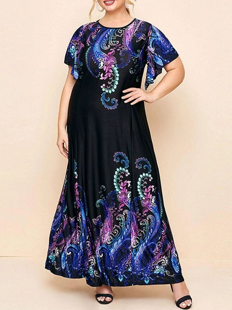 Plus Size Kortärmad Rund Hals Golvlång Blommig Bohemisk Klänning