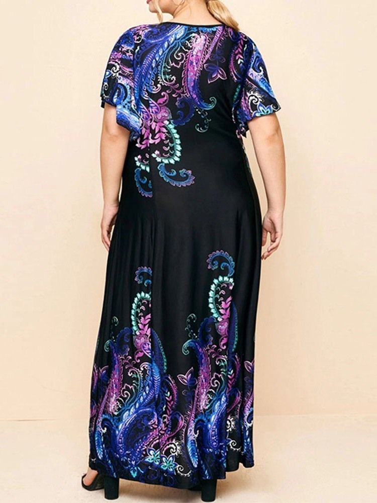 Plus Size Kortärmad Rund Hals Golvlång Blommig Bohemisk Klänning