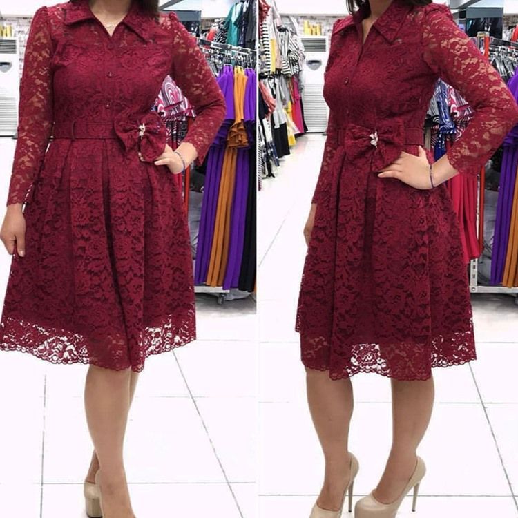 Plus Size Lace Ol Lapel Hollow Bow Mid Waist Klänning