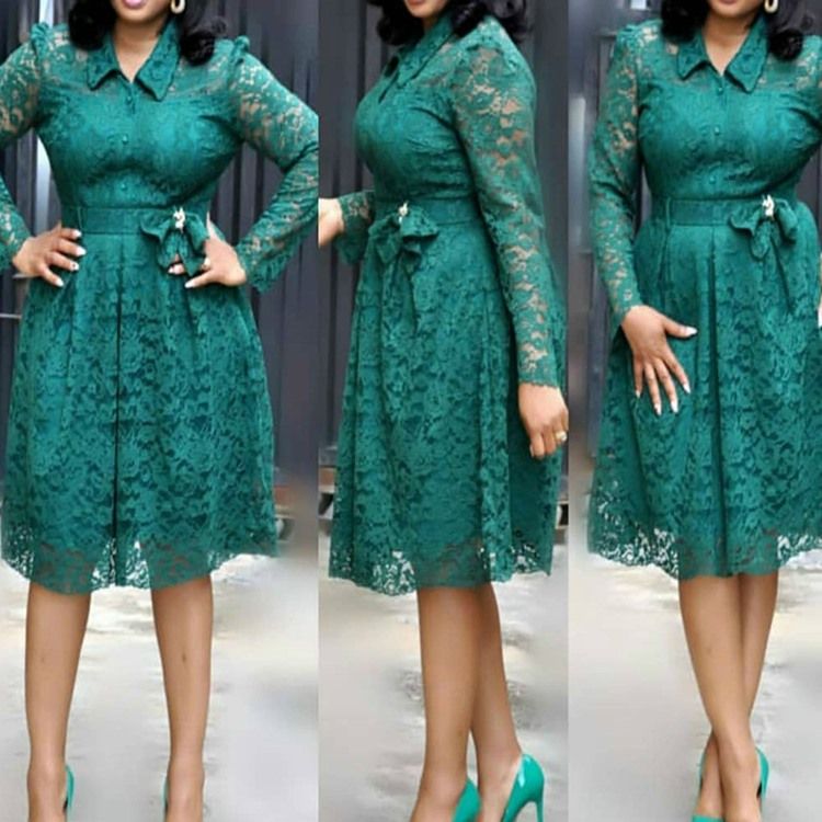 Plus Size Lace Ol Lapel Hollow Bow Mid Waist Klänning