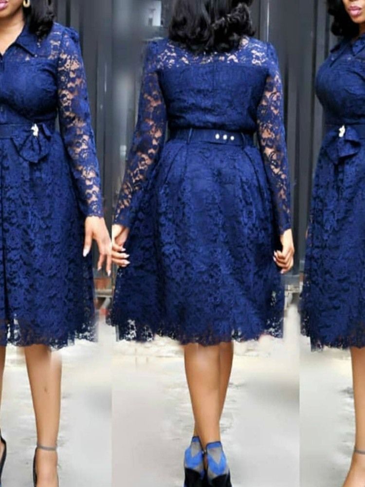 Plus Size Lace Ol Lapel Hollow Bow Mid Waist Klänning