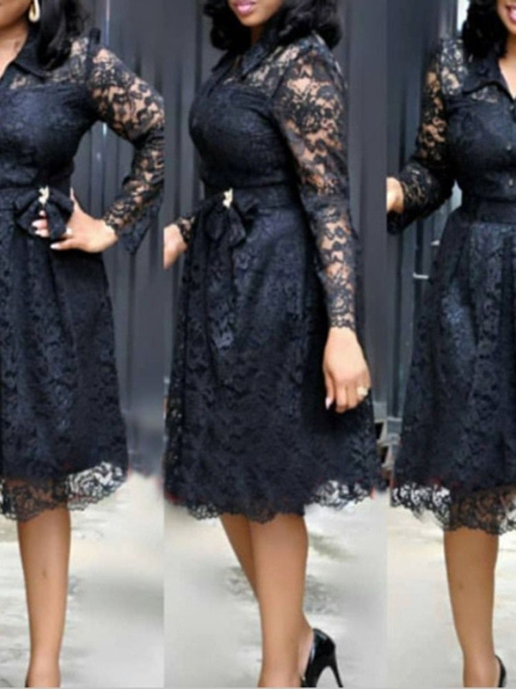 Plus Size Lace Ol Lapel Hollow Bow Mid Waist Klänning
